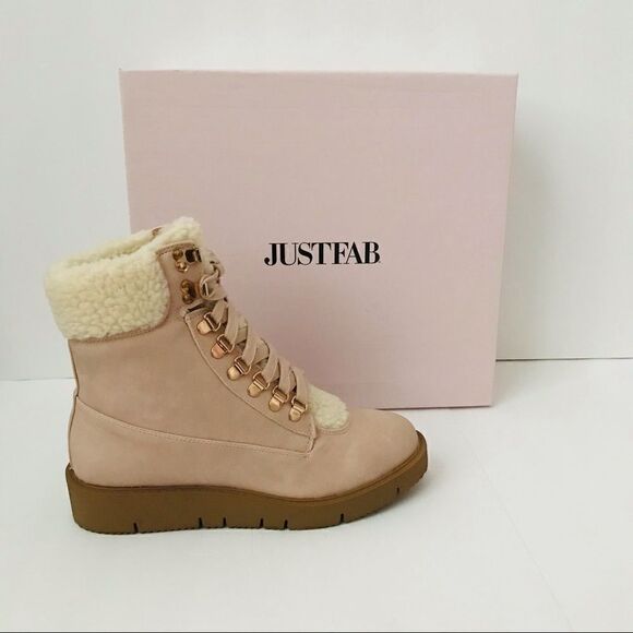 New! JustFab Faux Suede Sherpa Cuff Hiker Lace Up Wedge Winter Boots Booties - Picture 6 of 16